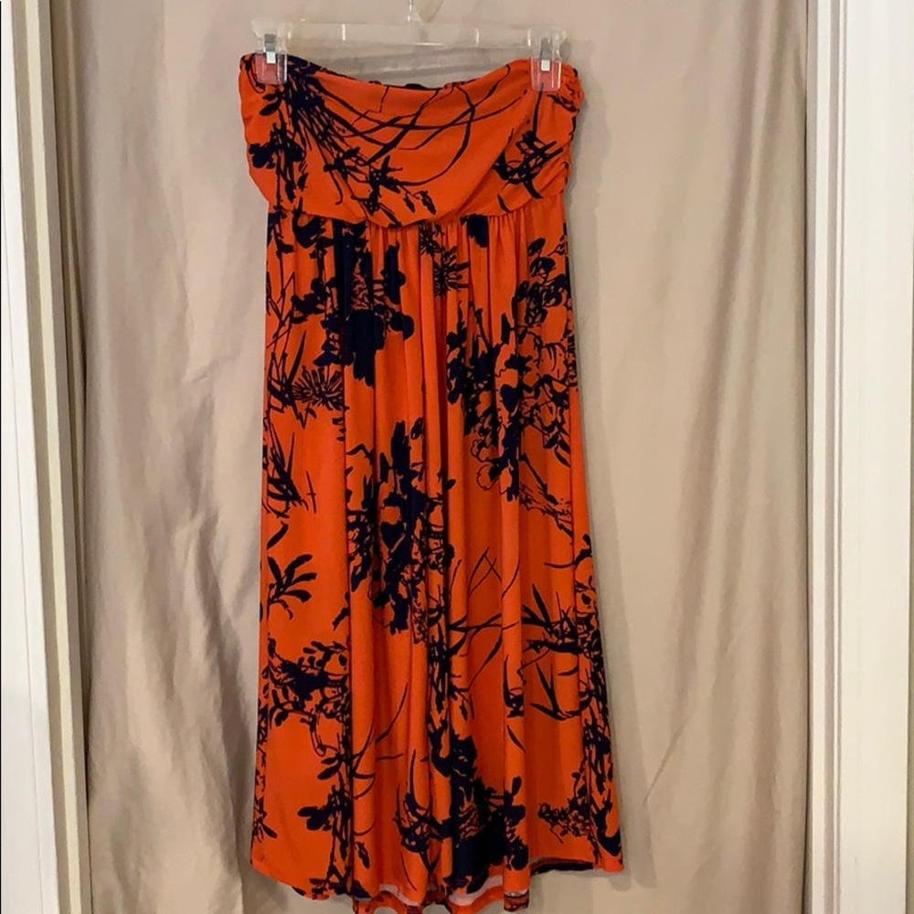 strapless orange and navy patterned dress